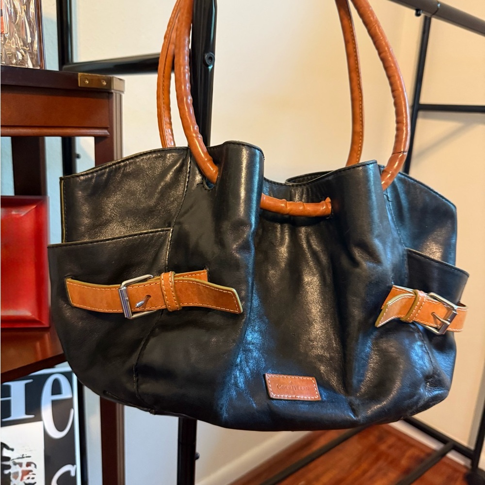 Cole Haan Black Leather Shoulder Bag with Brown Handles